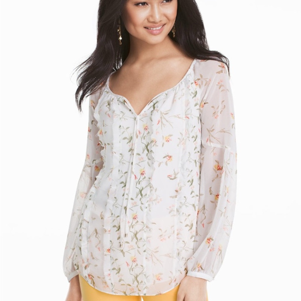 White House Black Market Sheer White Floral V-Neck Blouse
